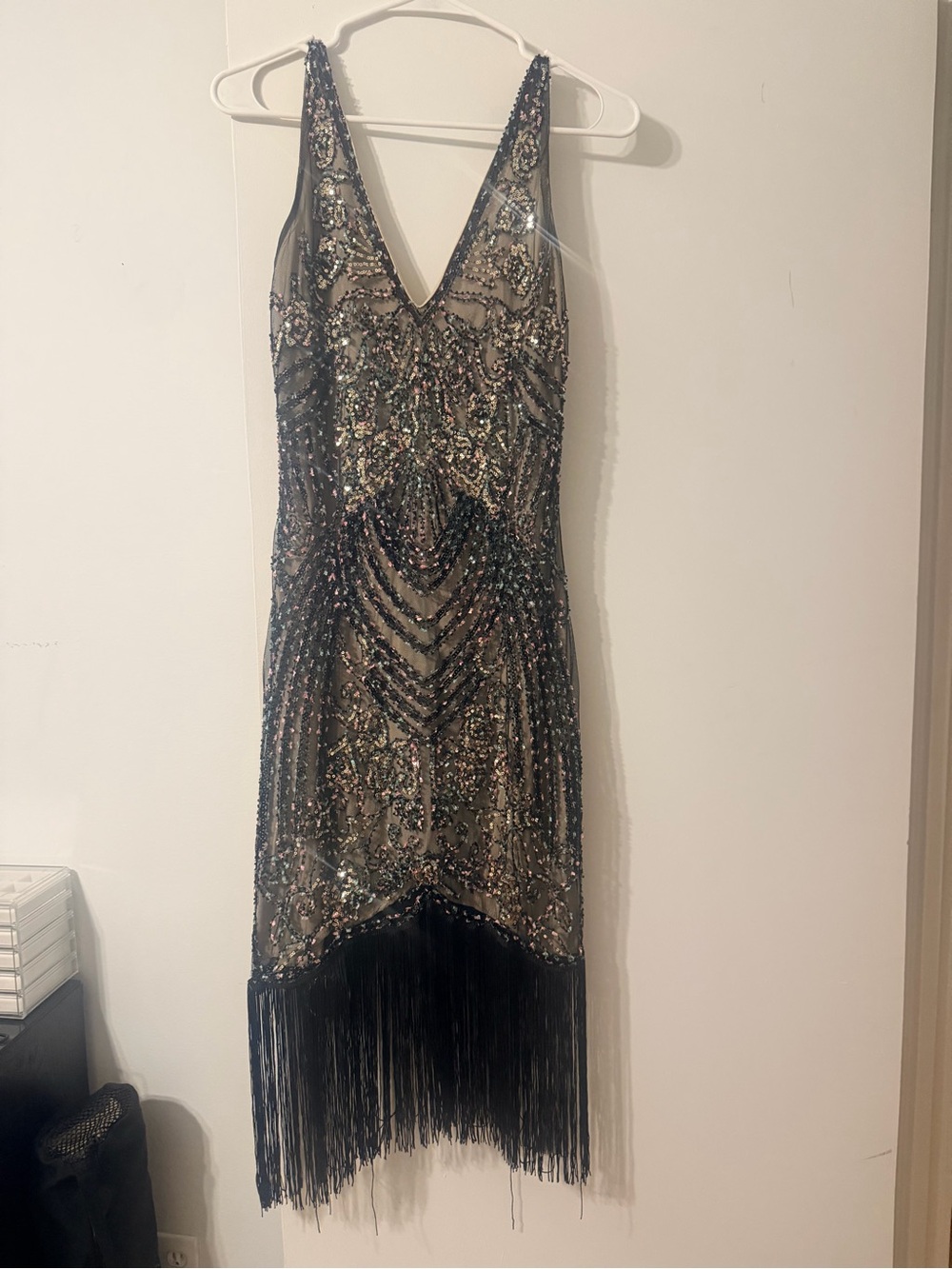 Beaded Black Fringe V-Neck Midi Dress/ Great Gatsby Dress